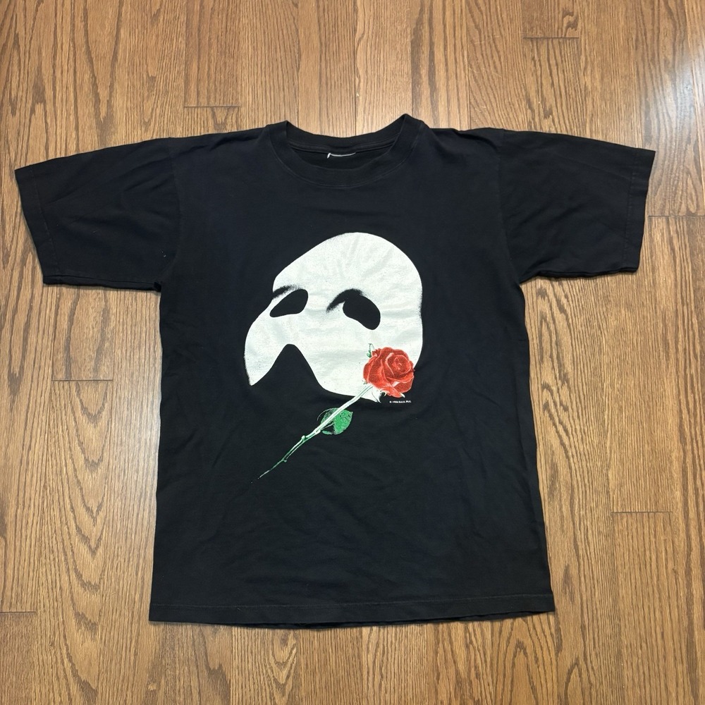 Vintage 80s Phantom Of The Opera T Shirt Mask Rose Euro Tee Black Faded Men M